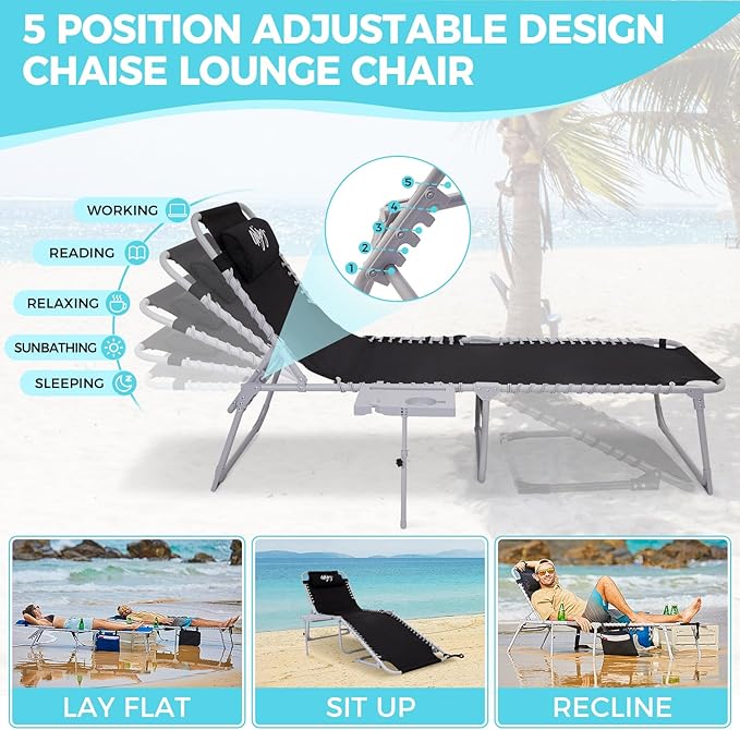 #WEJOY Folding Recliner Lounge Chair with Side Table for Outdoor 5 Positions Adjustable Reclining Patio Camping Chair with Removable Padded Pillow,Side Pocket for Beach Pool Patio Sunbathing Lawn