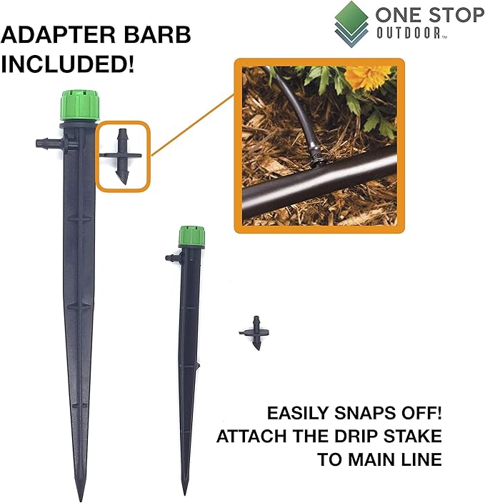 (100-PACK) - 1/4" Inch Universal 360* Degree Drip Emitter On 5" Stake - Adjustable Flow 0-18.5 GPH Fit 1/4 (4-7mm) Drip Irrigation Tubing - Professional Grade Drippers for Drip Irrigation